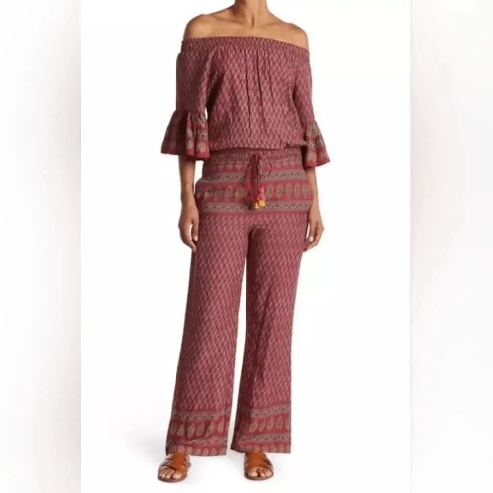 RAGA Avah Paisley Wine Front Pockets Off the Shoulder Jumpsuit Size M NWT